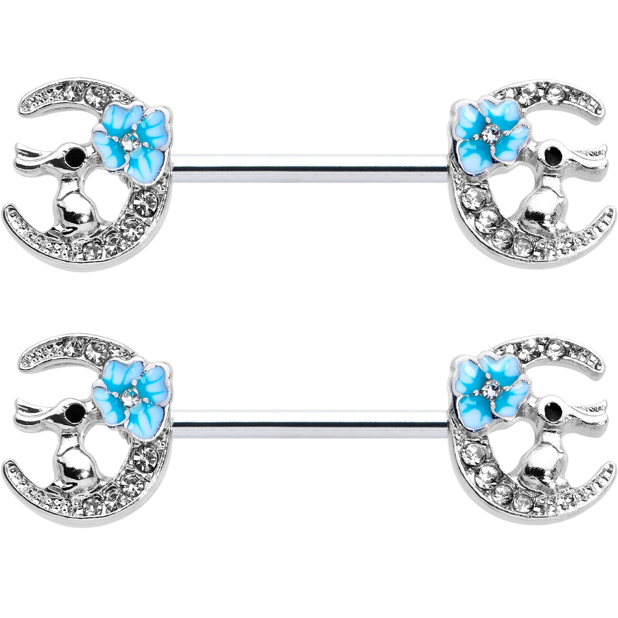 14G 9/16 Clear Gem Rabbit On Moon Flower Blue Nipple Ring Set