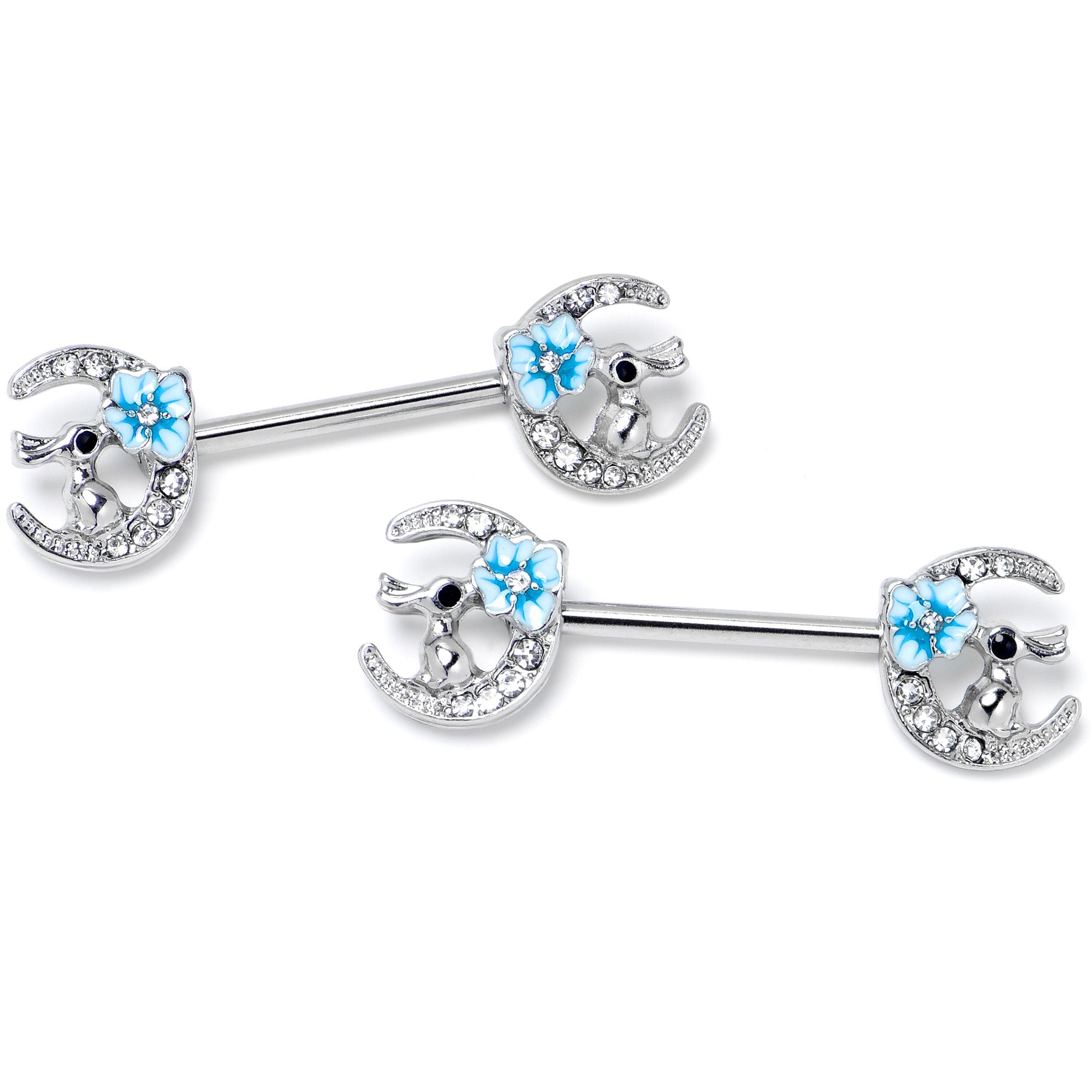 14G 9/16 Clear Gem Rabbit On Moon Flower Blue Nipple Ring Set