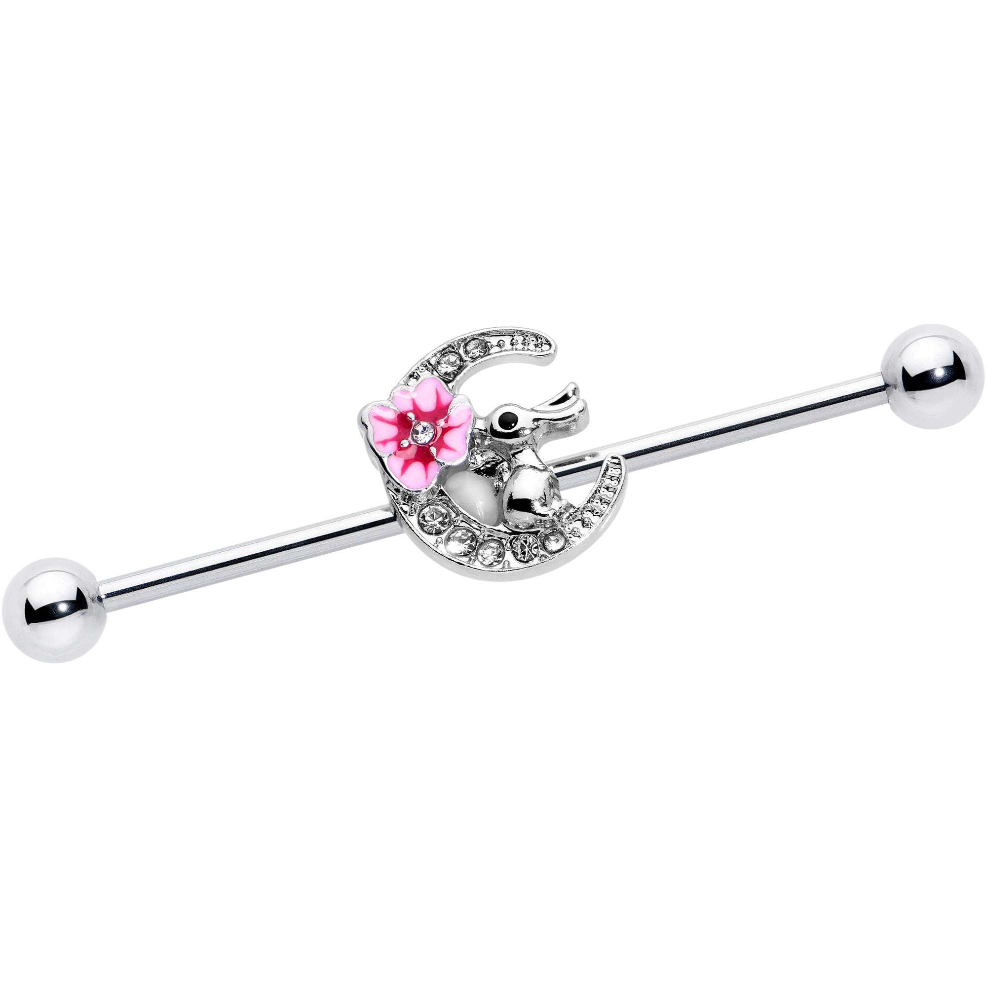 14G Clear Gem Rabbit On Moon Flower Pink Industrial Barbell 38mm