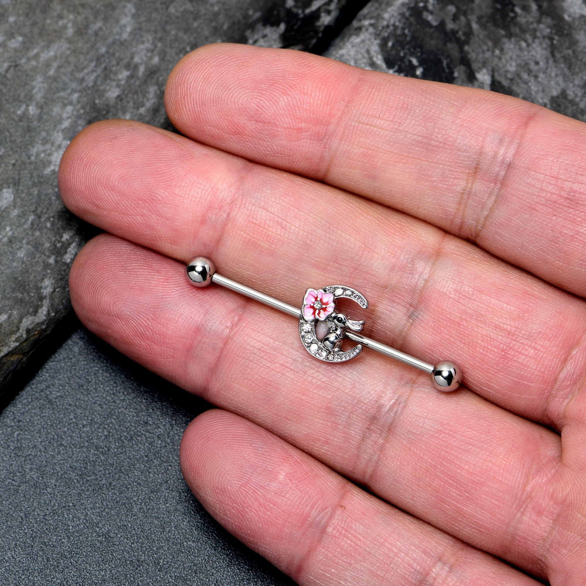 14G Clear Gem Rabbit On Moon Flower Pink Industrial Barbell 38mm