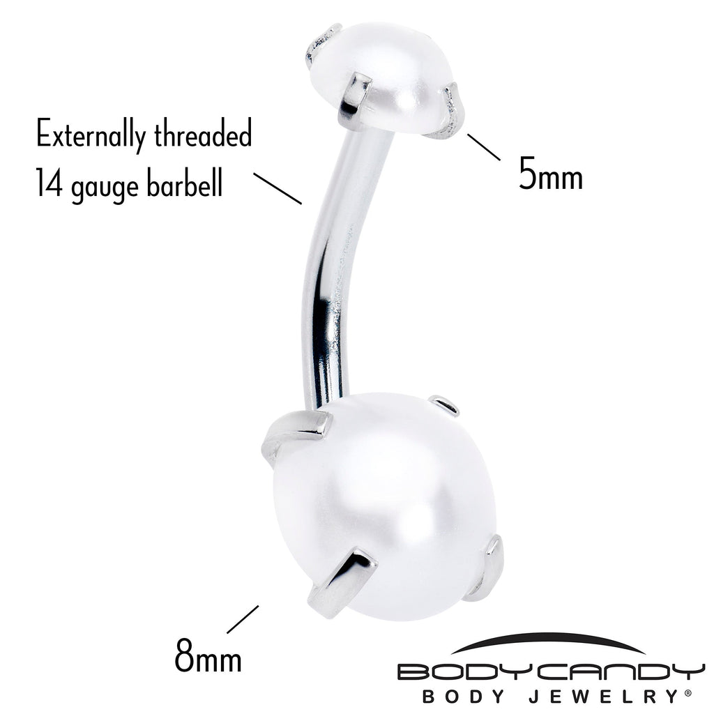 Opaque White Faux Pearl June Birthstone Double Mount Belly Ring