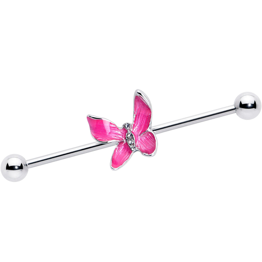 14G Clear Gem Chunky Butterfly Pink Industrial Barbell 38mm