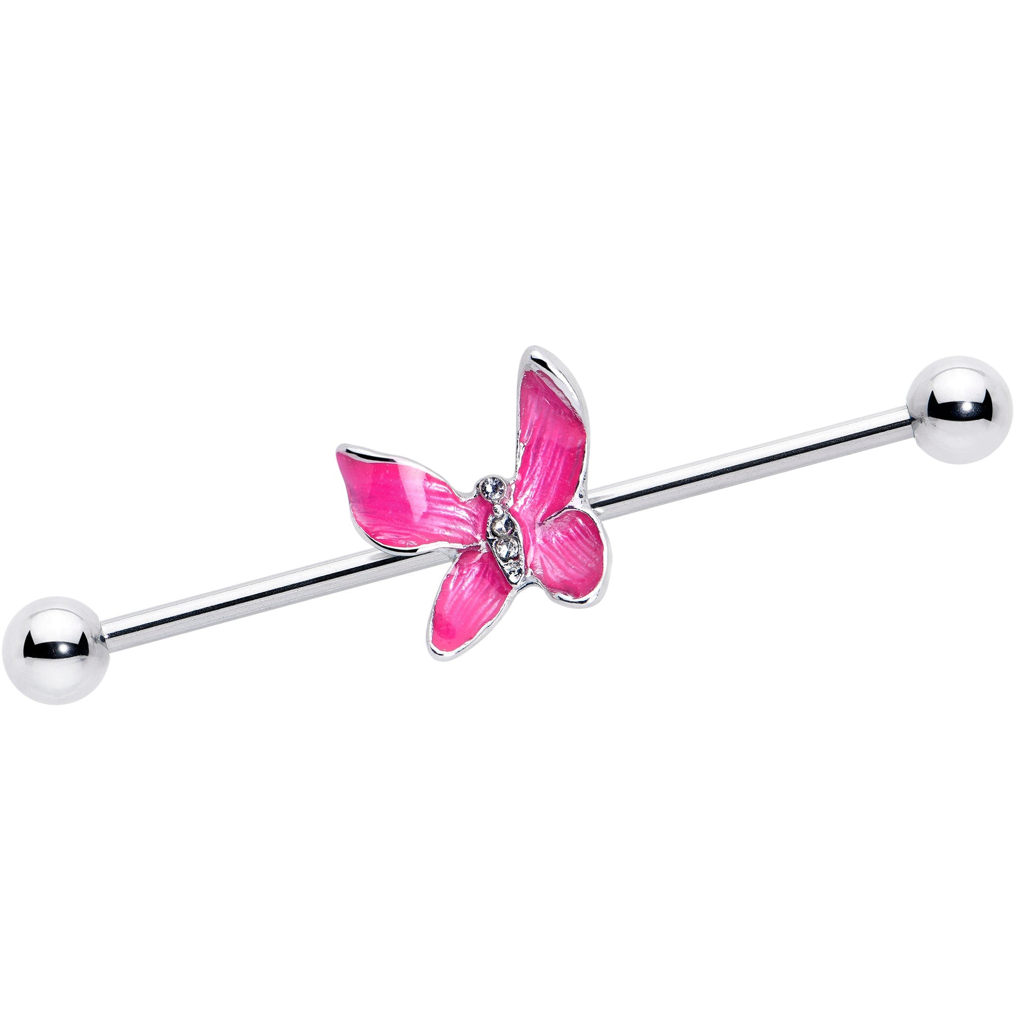 14G Clear Gem Chunky Butterfly Pink Industrial Barbell 38mm