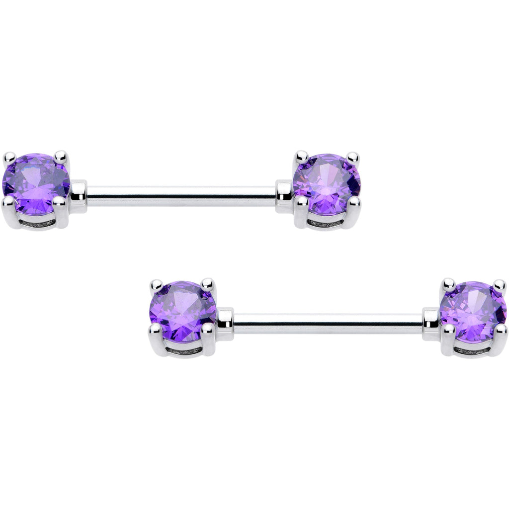 14G 9/16 Purple CZ Gem February Birthstone Nipple Ring Set