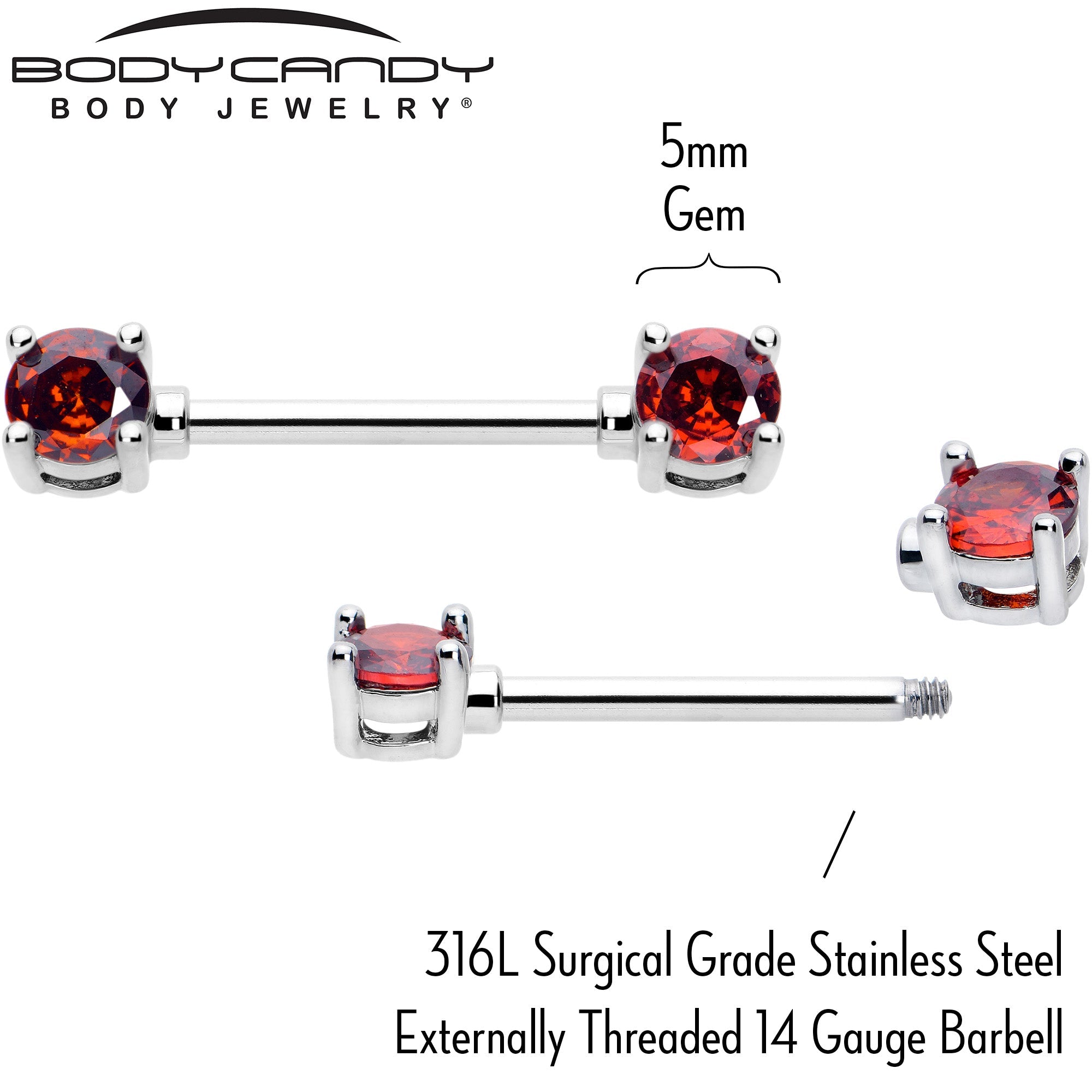 14G 9/16 Red CZ Gem January Birthstone Nipple Ring Set