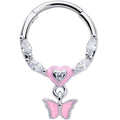 16G 3/8 Clear CZ Gem Luv Butterfly Pink Dangle Hinged Segment Ring