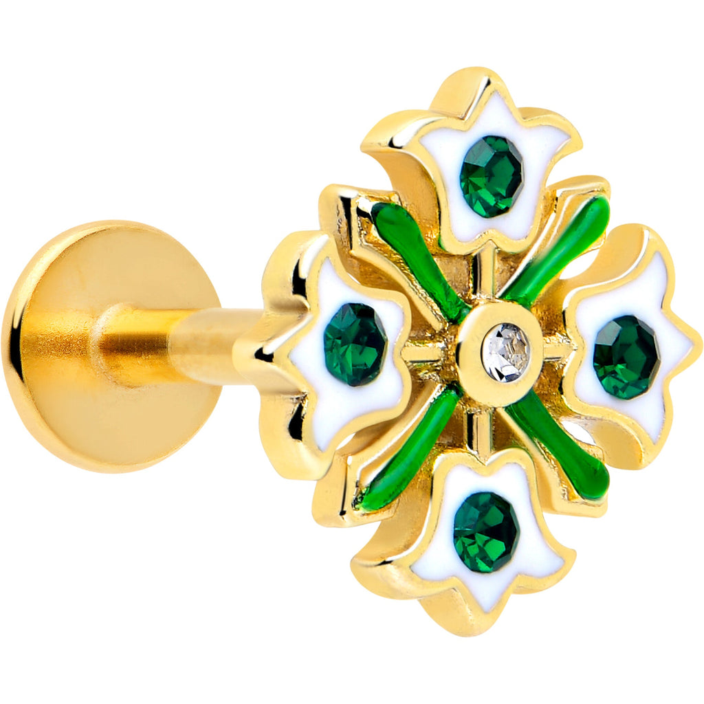 16G 1/4 Green Gem Gold Tone Flower Wreath Flatback Stud
