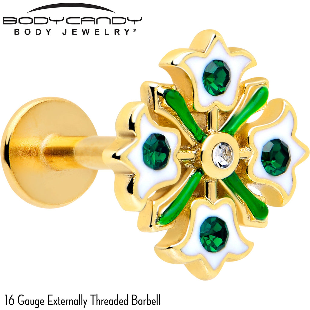 16G 1/4 Green Gem Gold Tone Flower Wreath Flatback Stud