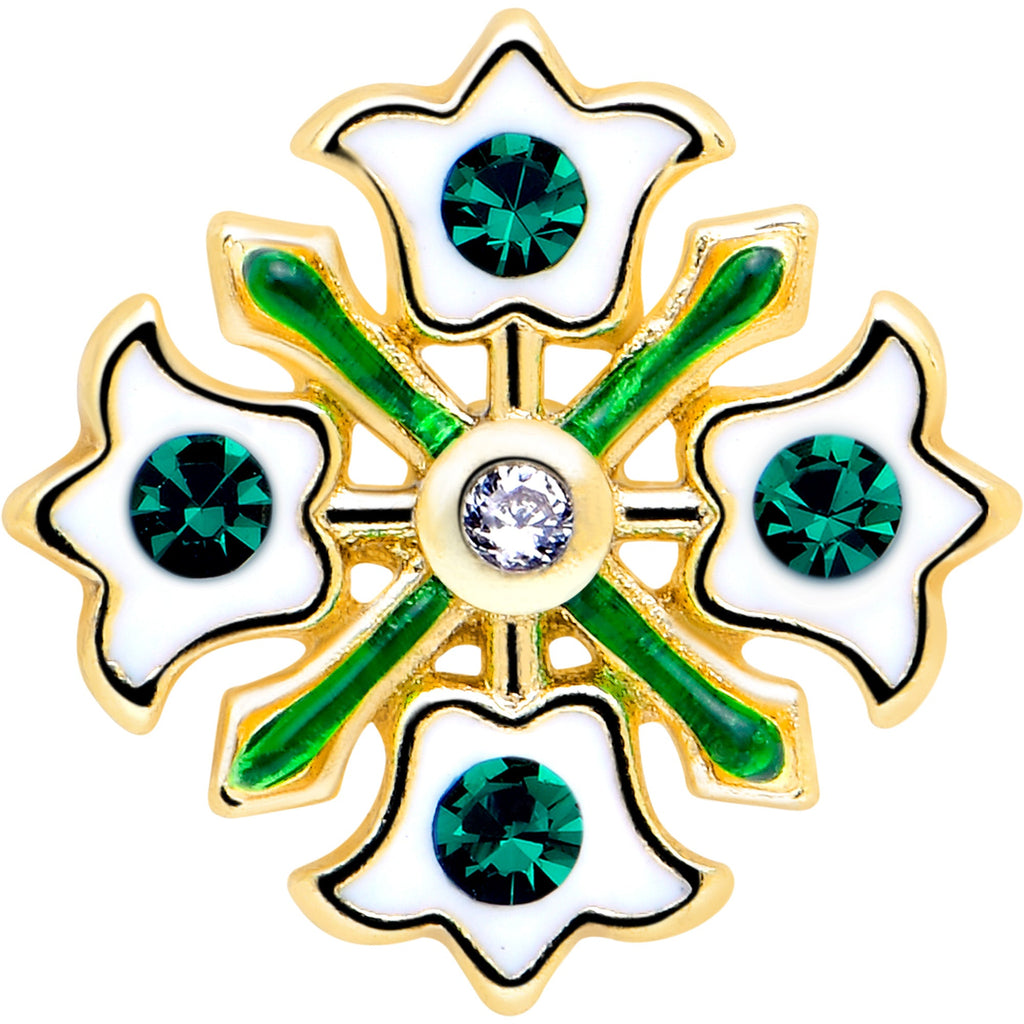 16G 1/4 Green Gem Gold Tone Flower Wreath Flatback Stud