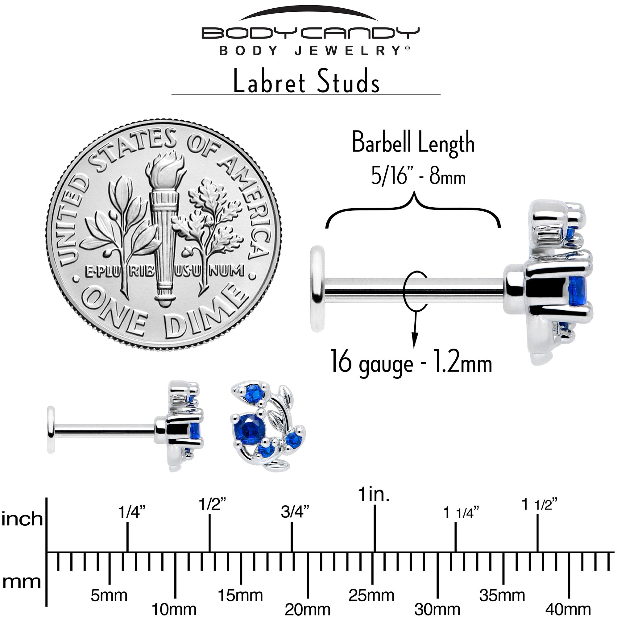 16G 5/16 Blue Gem Twining Vine Flatback Stud