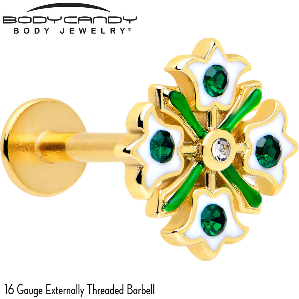 16G 5/16 Green CZ Gem Gold Tone Flower Wreath Flatback Stud