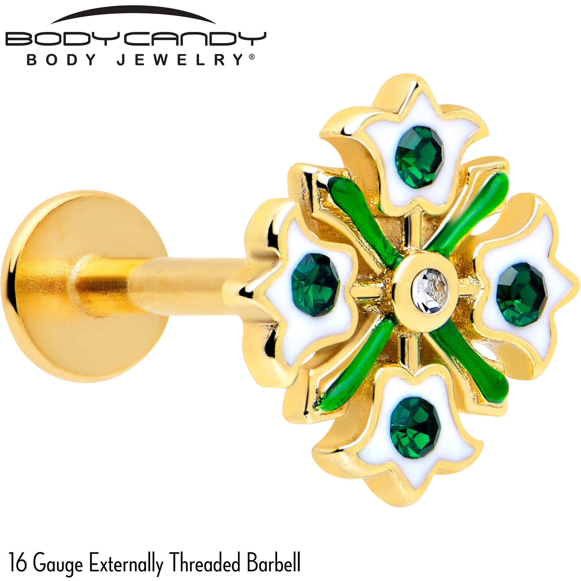 16G 5/16 Green CZ Gem Gold Tone Flower Wreath Flatback Stud