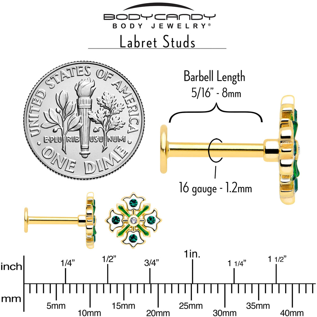 16G 5/16 Green CZ Gem Gold Tone Flower Wreath Flatback Stud