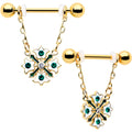 14G 9/16 Green Gem Gold Tone Flower Wreath Dangle Nipple Ring Set
