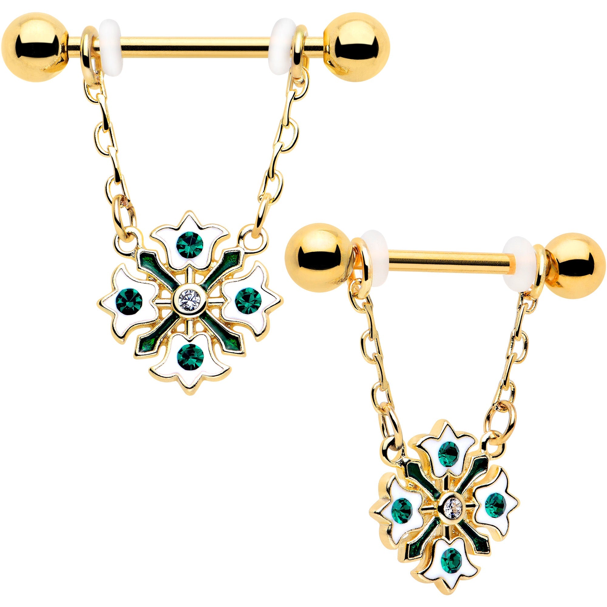 14G 9/16 Green Gem Gold Tone Flower Wreath Dangle Nipple Ring Set