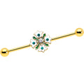 14G Green Gem Gold Tone Flower Wreath Industrial Barbell 38mm