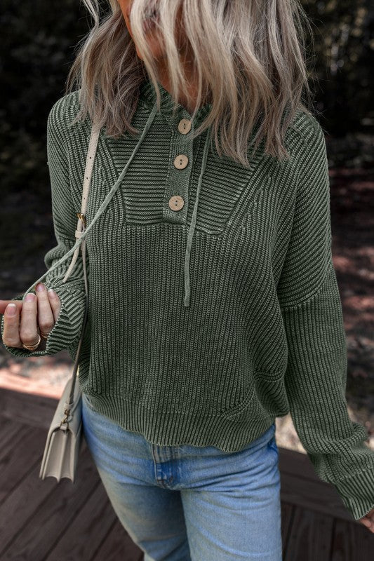 Mineral Wash Ribbed Knit Hooded Sweater