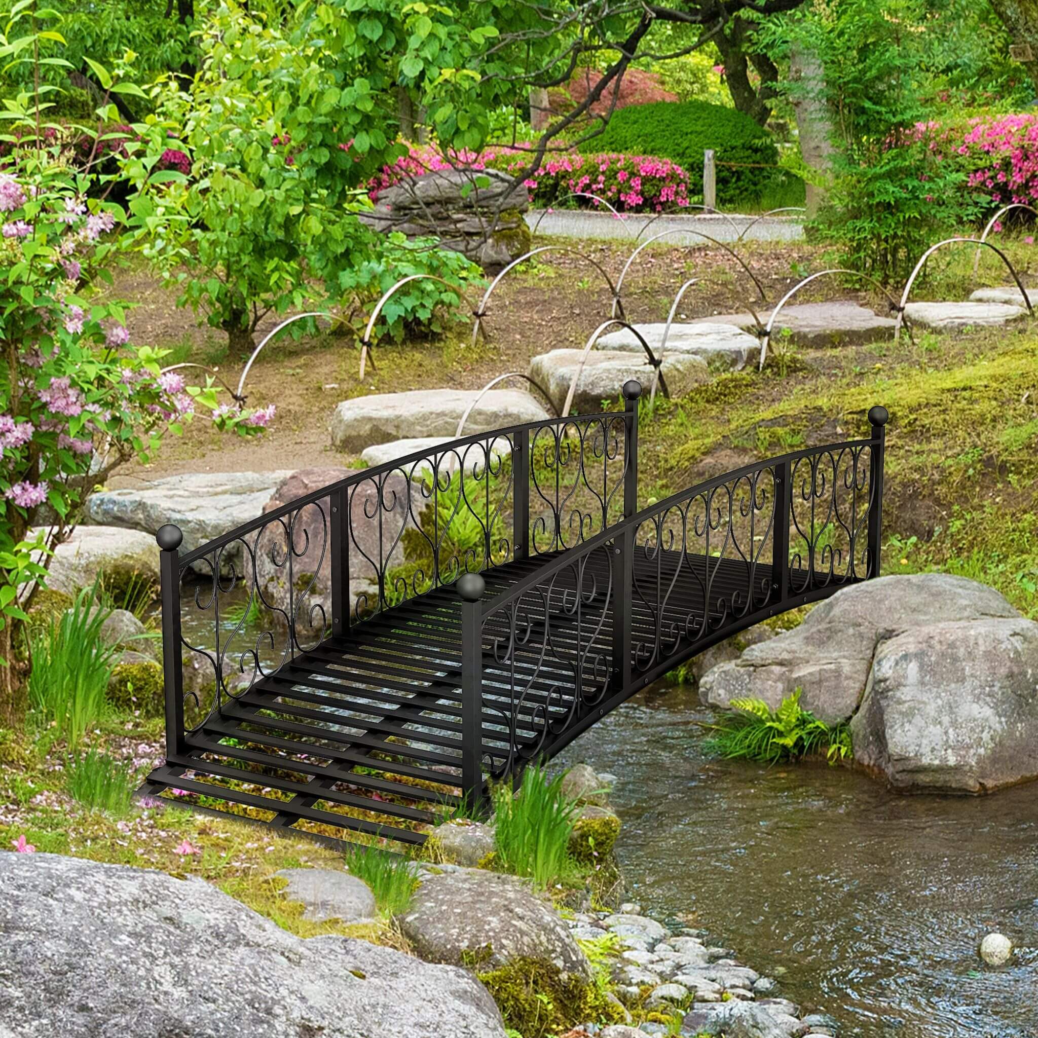 Alora 7FT Decorative Metal Arch Footbridge Garden Bridge With Safety Siderails (SAK53829)