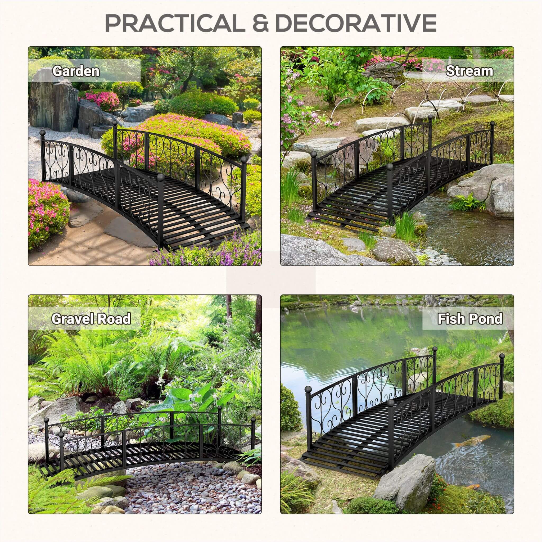 Alora 7FT Decorative Metal Arch Footbridge Garden Bridge With Safety Siderails (SAK53829)