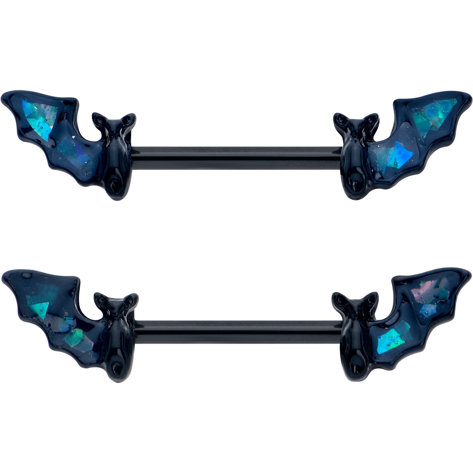 14G 9/16 Black Bats in Blue Barbell Nipple Ring Set