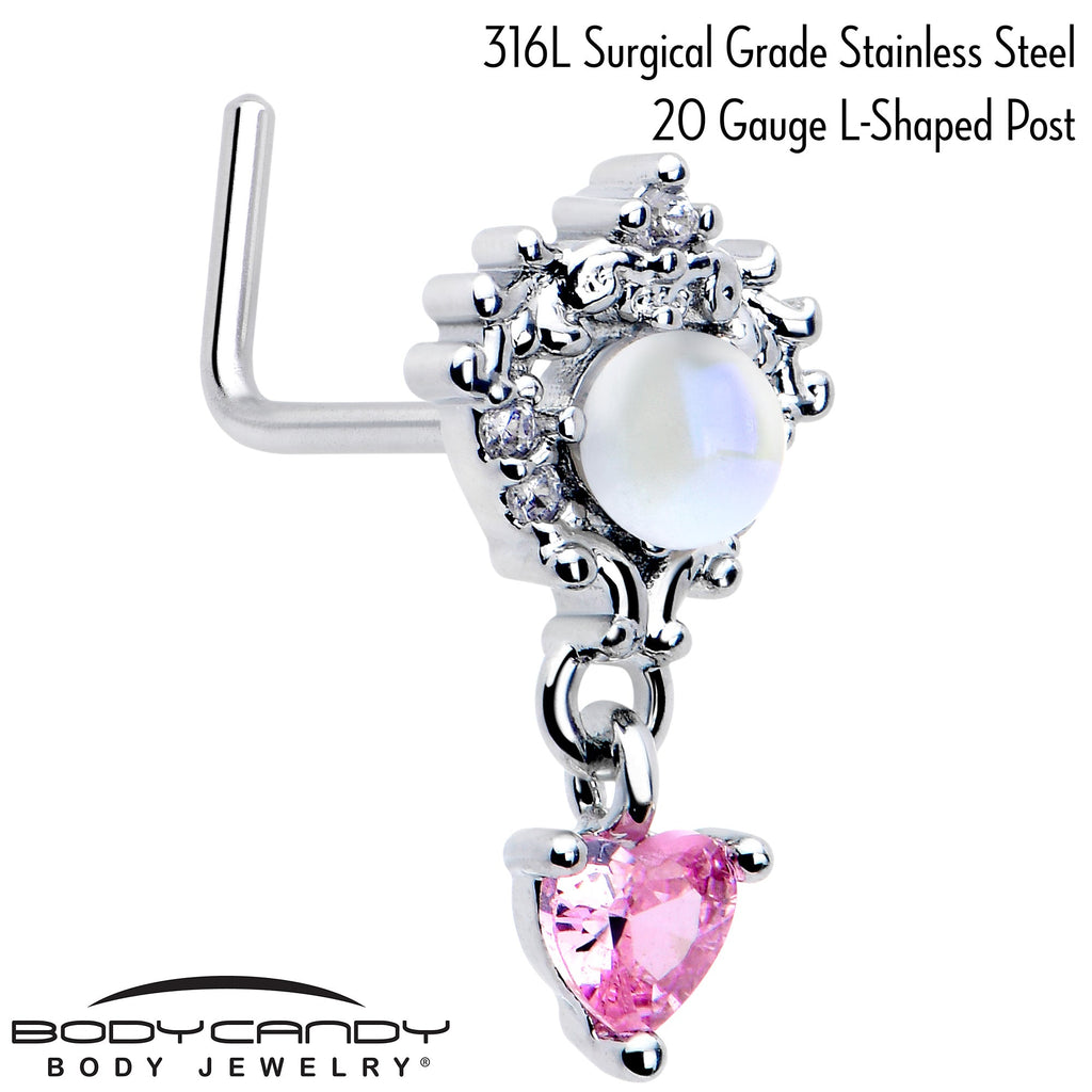 20G 7mm Pink CZ Gem Heart Mystique Dangle L Shape Nose Ring