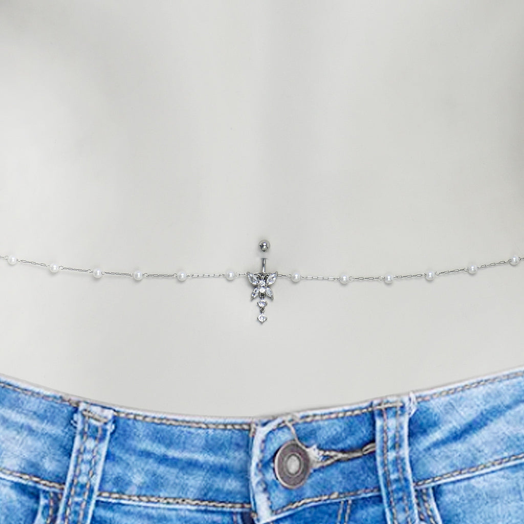 Clear CZ Gem Glam Butterfly Faux Pearl Dangle Belly Ring Belly Chain
