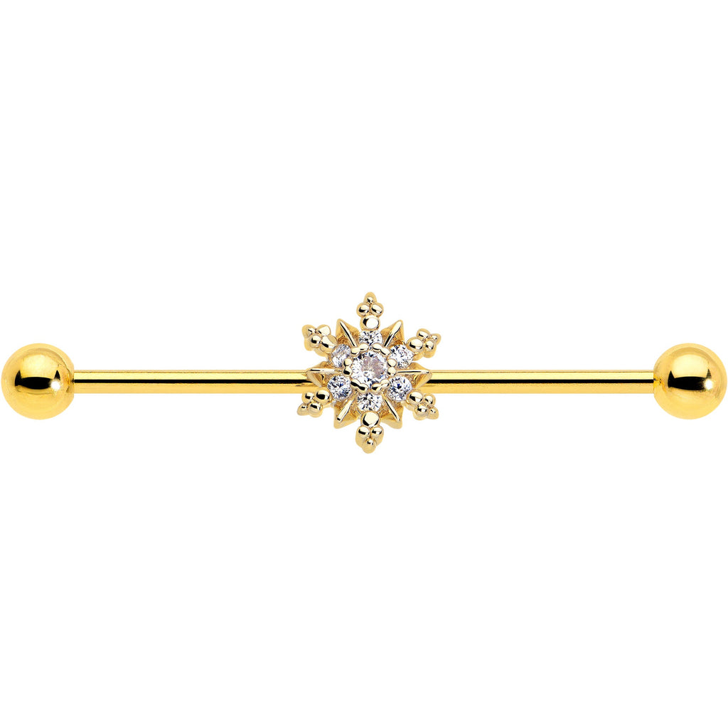 14G Clear CZ Gem Gold Tone Glam Snowflake Industrial Barbell 38mm