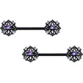 14G 9/16 Purple CZ Gem Black Flower Ring Barbell Nipple Ring Set