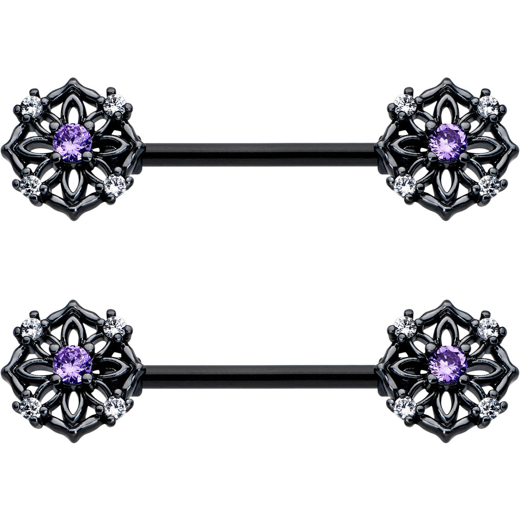 14G 9/16 Purple CZ Gem Black Flower Ring Barbell Nipple Ring Set