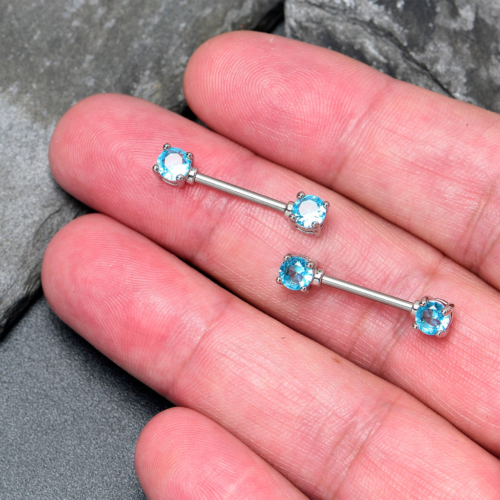 14G 9/16 Blue CZ Gem Love Forward Facing Barbell Nipple Ring Set