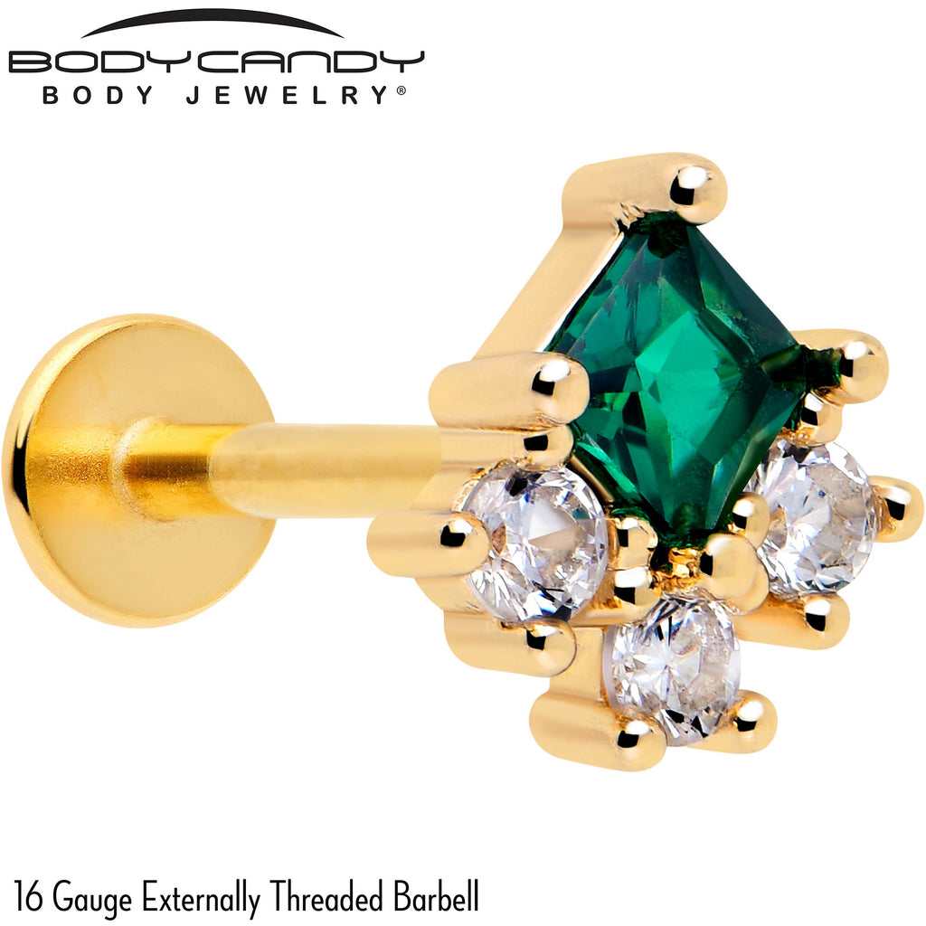 16G 5/16 Green CZ Gem Gold Tone Rhombus Riot Flatback Stud