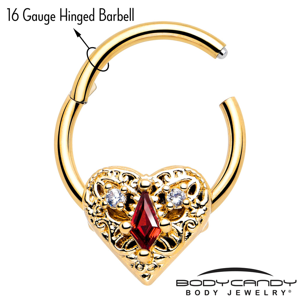 16G 3/8 Red CZ Gem Gold Tone Heart Queen Hinged Segment Ring