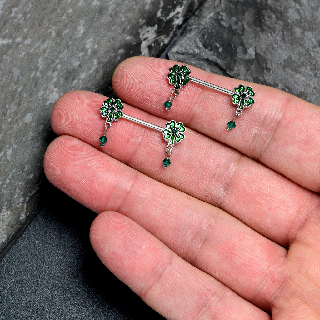 14G 9/16 Green Gem Shamrock Glam St Patricks Dangle Nipple Ring Set