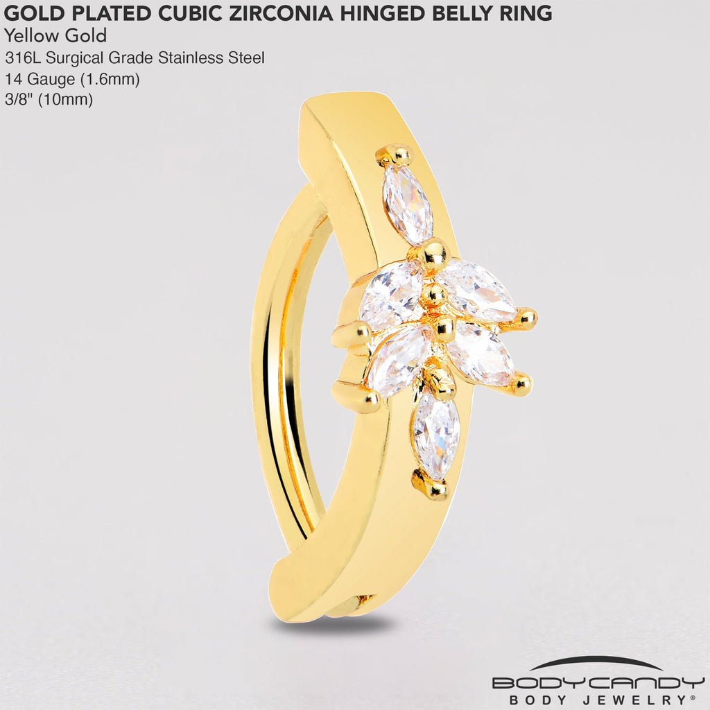 Clear CZ Gem Gold Tone Beauty Branch Hinged Hoop Belly Ring