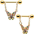 14G 9/16 Clear Gem Gold Tone Color Block Butterfly Dangle Nipple Ring Set