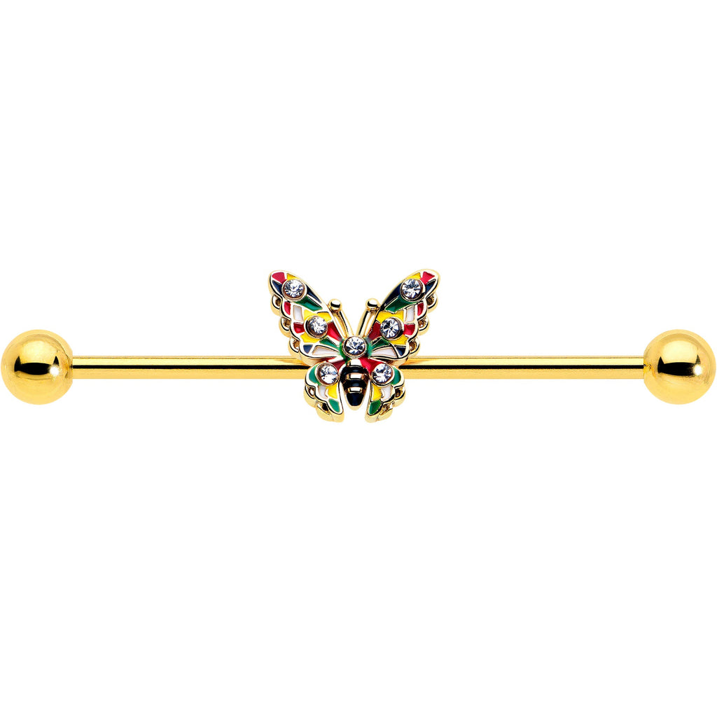 14G Clear Gem Gold Tone Color Block Butterfly Industrial Barbell 38mm