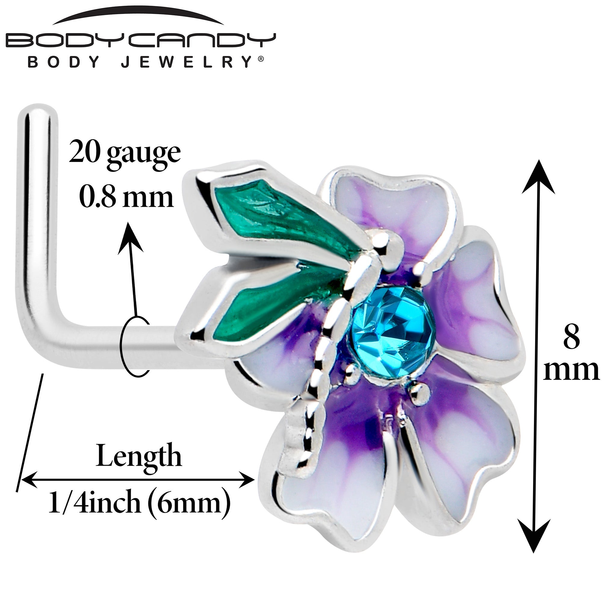 20G 7mm Blue Gem Faerie Flower Purple L Shape Nose Ring