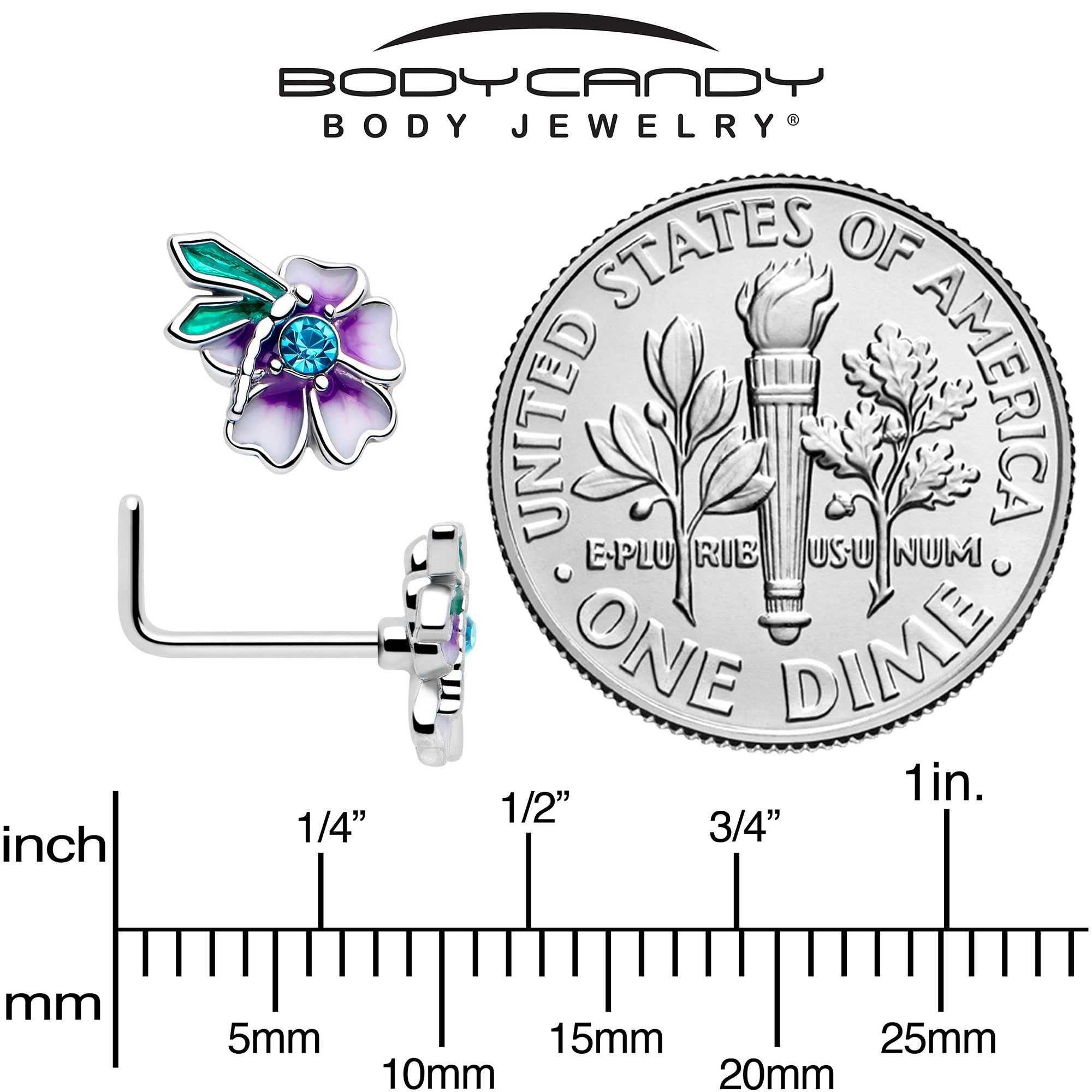 20G 7mm Blue Gem Faerie Flower Purple L Shape Nose Ring