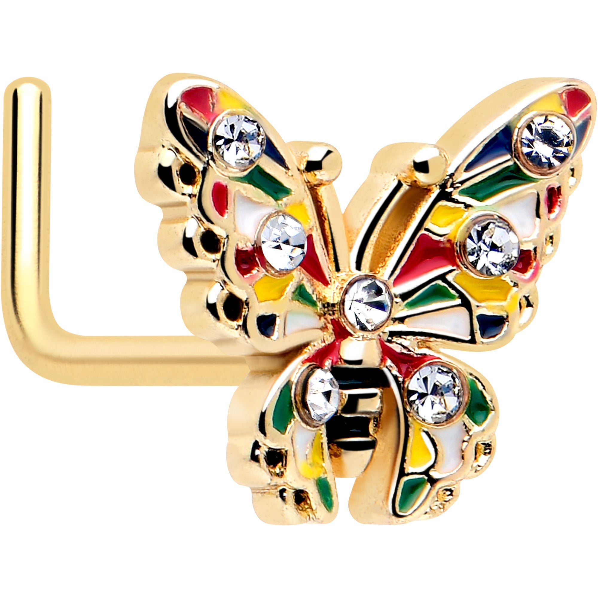 20G 7mm Clear Gem Gold Tone Color Block Butterfly L Shape Nose Ring