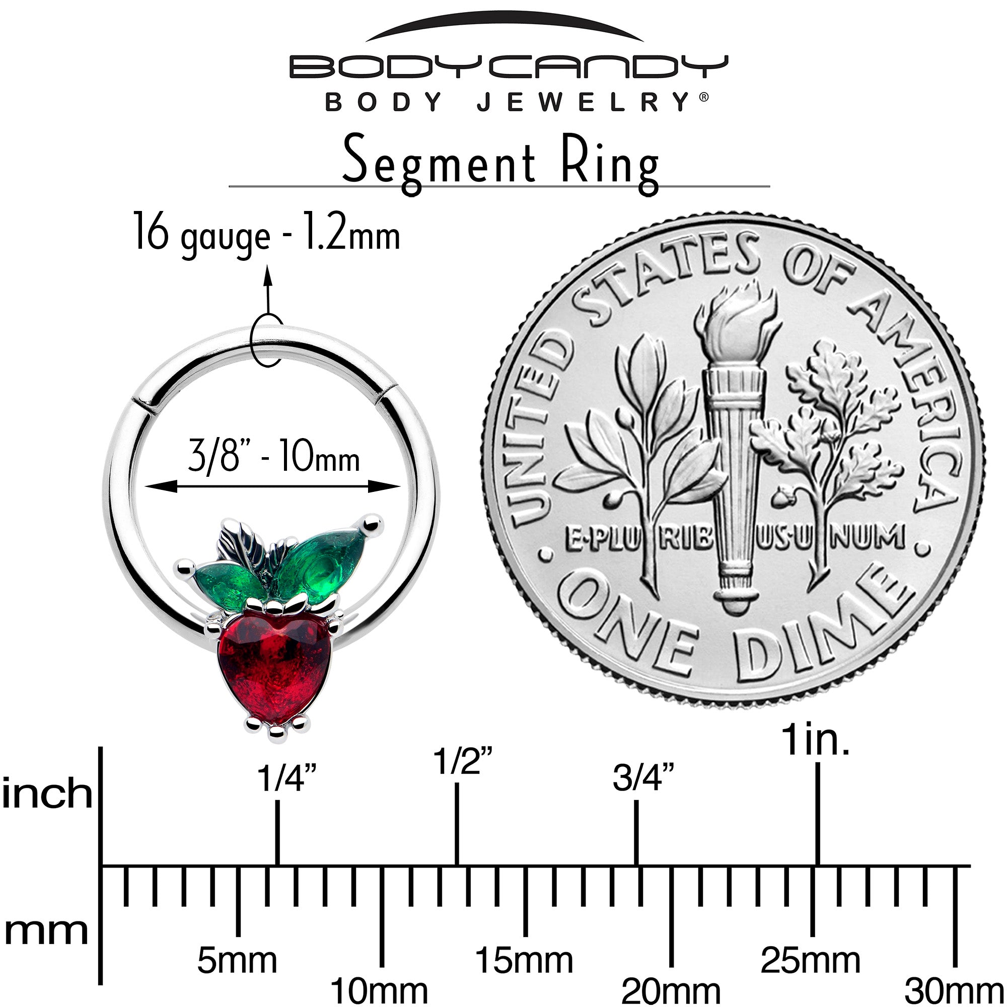 16G 3/8 Red Green Gem Strawberry Heart Hinged Segment Ring