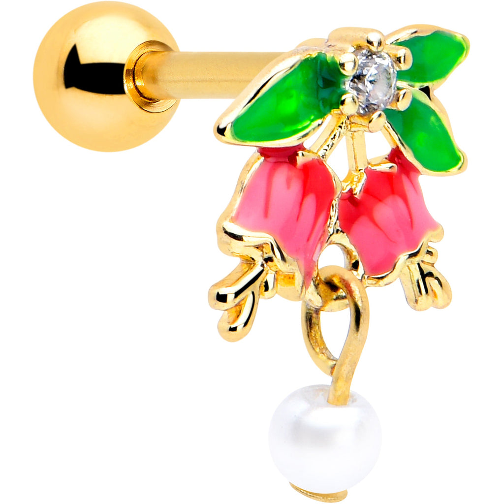 16G 1/4 Clear CZ Gem Gold Tone Bell Flower Cartilage Tragus Earring