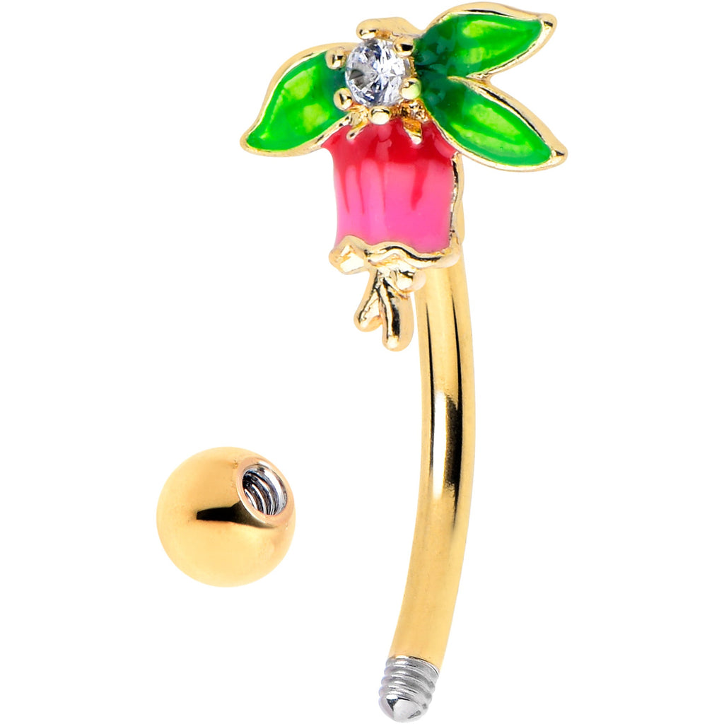 16G 5/16 Clear CZ Gem Gold Tone Bell Flower Curved Eyebrow Ring