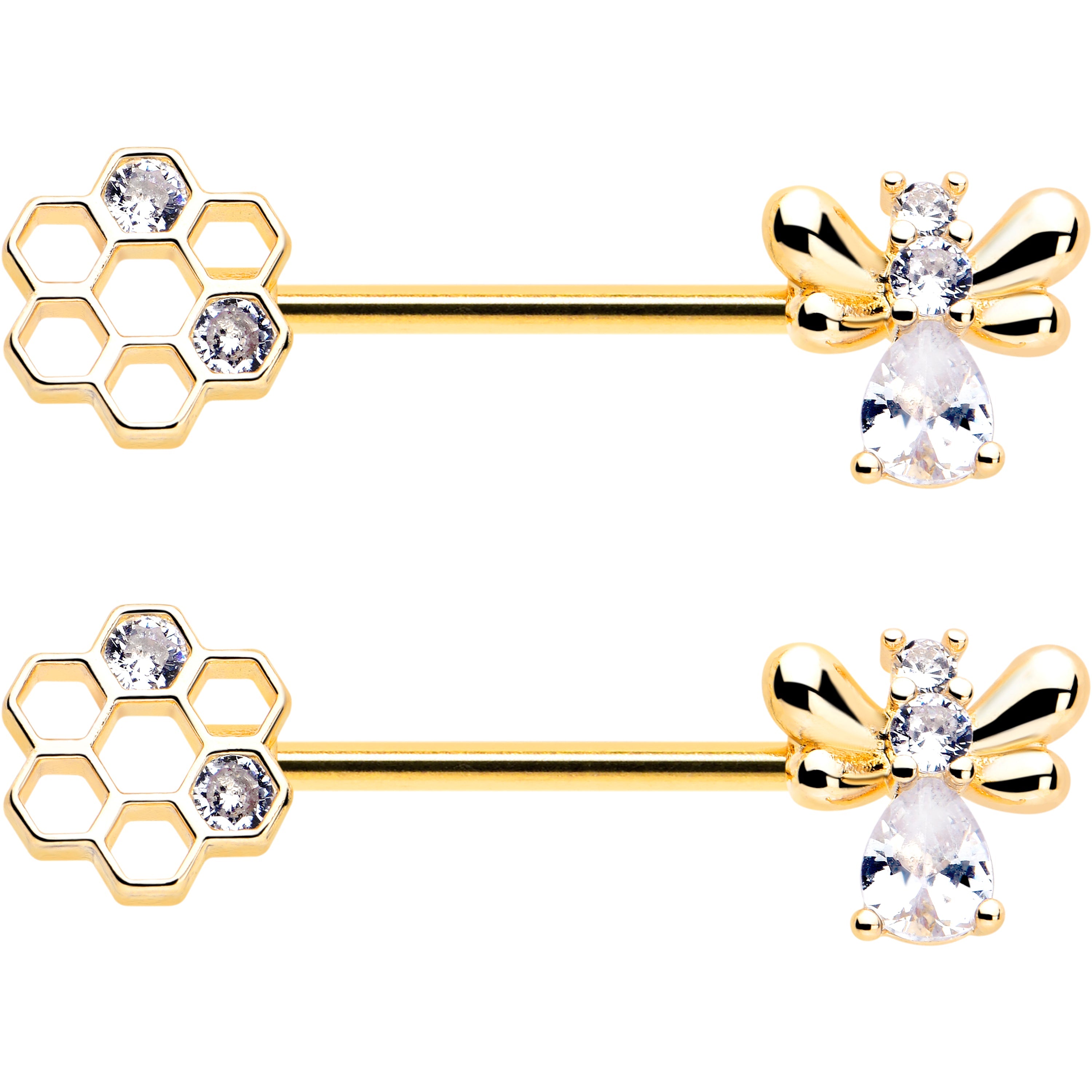14G 9/16 Clear CZ Gem Gold Tone Bee Hive Luv Barbell Nipple Ring Set
