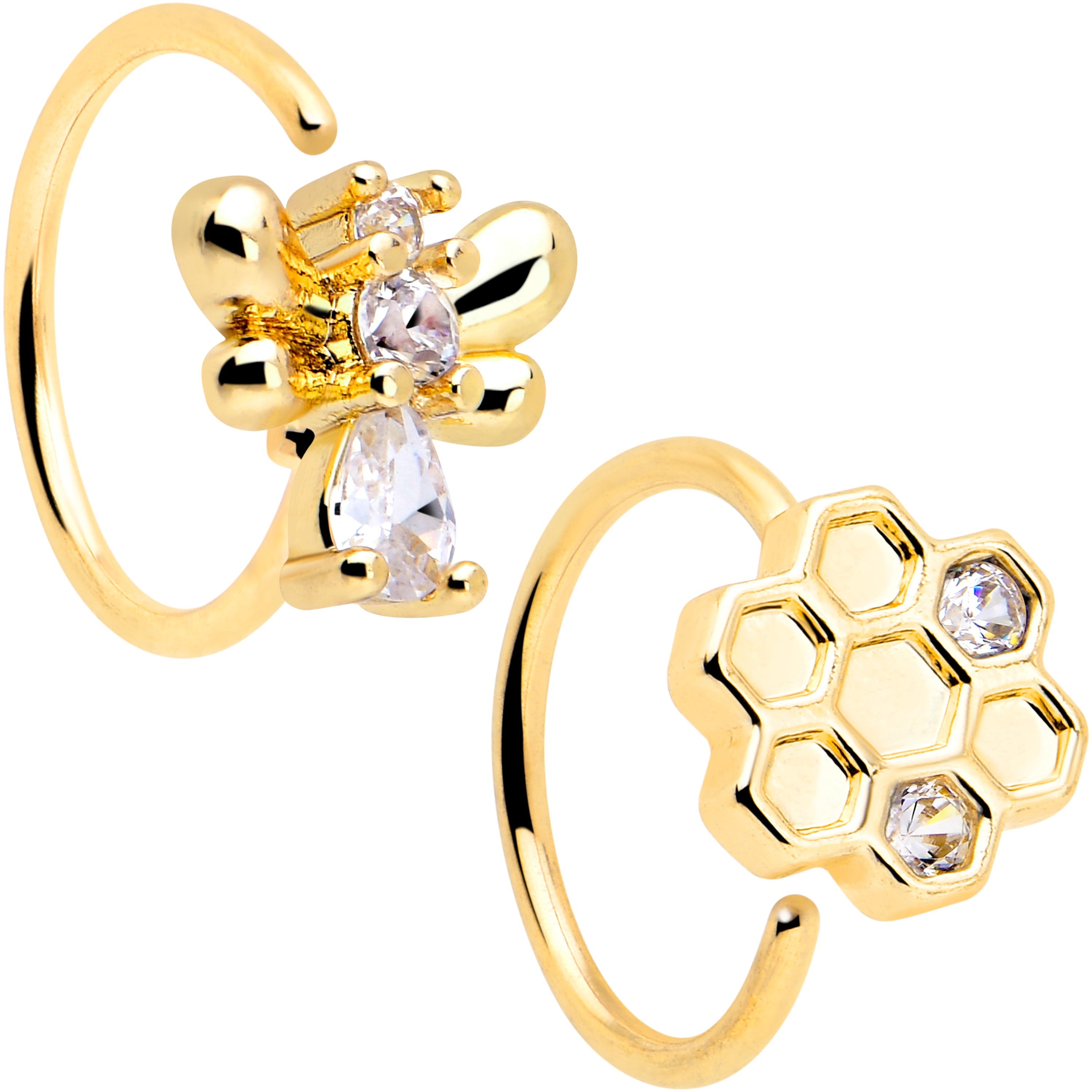 20G 5/16 Clear CZ Gem Gold Tone Bee Hive Luv Nose Hoop Set of 2