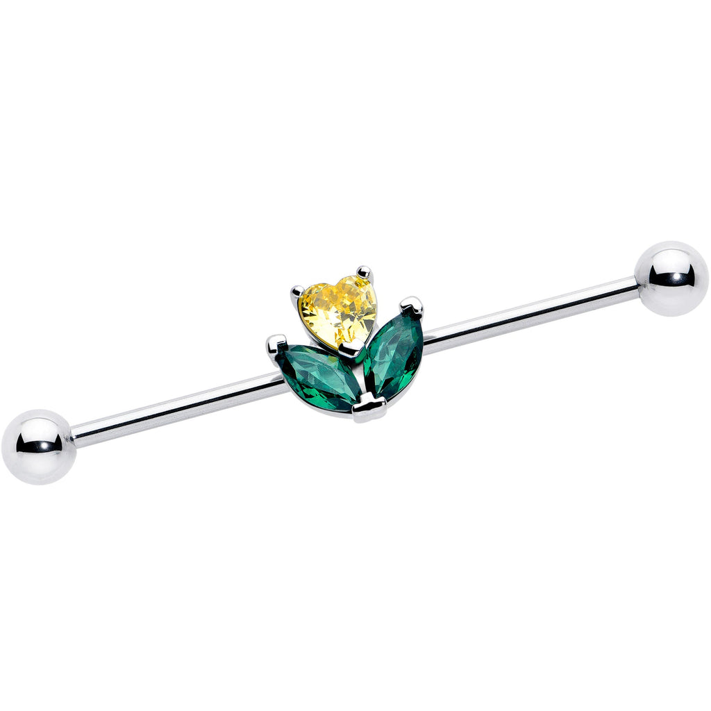 14G Yellow Green CZ Gem Love Flower Industrial Barbell 38mm
