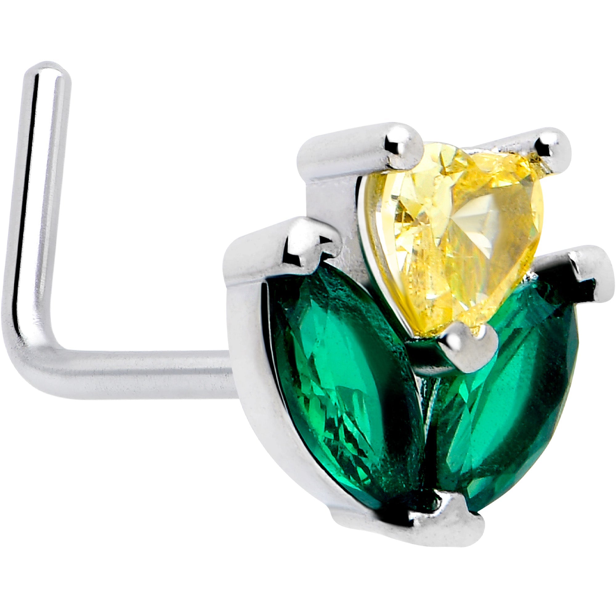 20G 7mm Yellow Green CZ Gem Love Flower L Shape Nose Ring