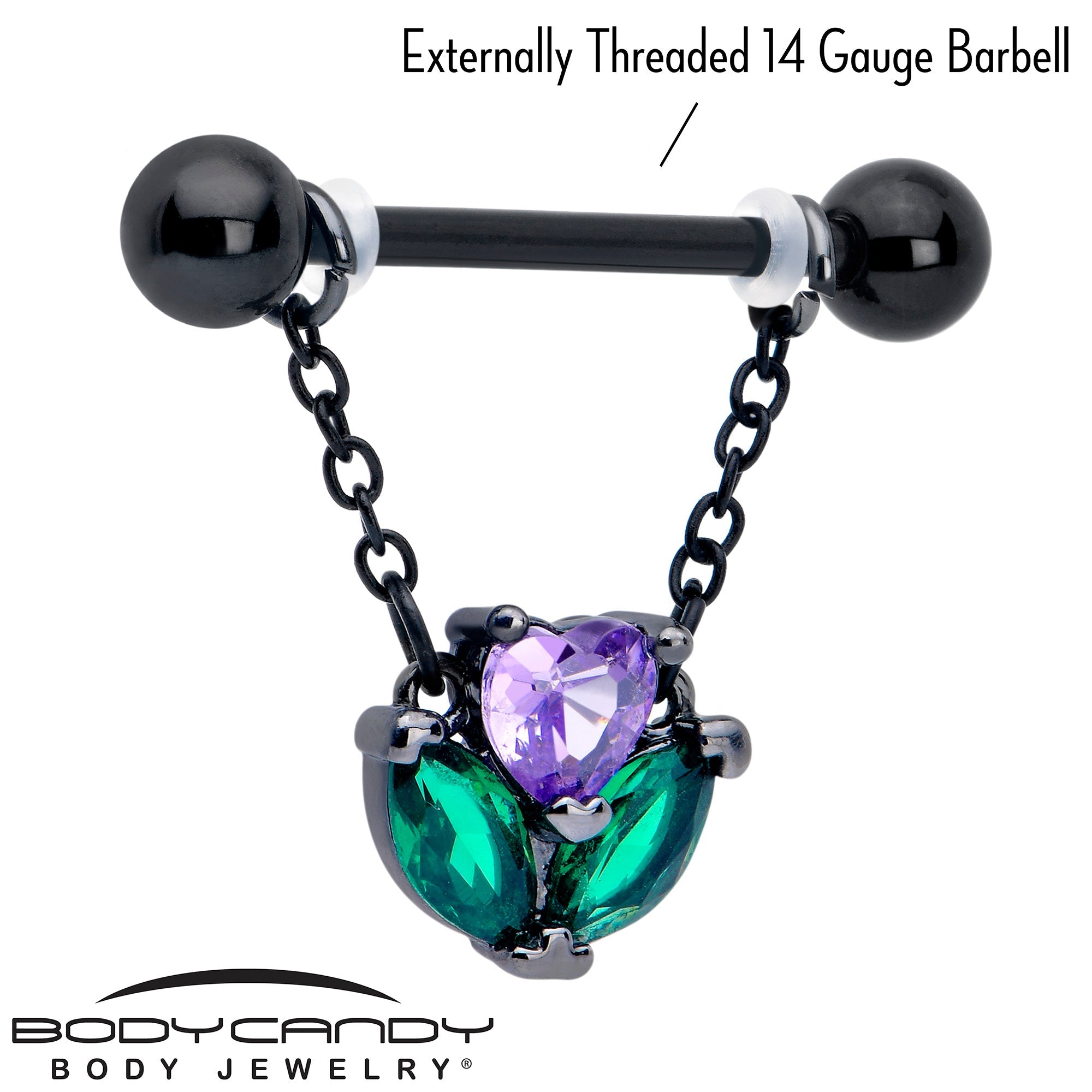 14G 9/16 Purple CZ Gem Black Love Flower Dangle Nipple Ring Set