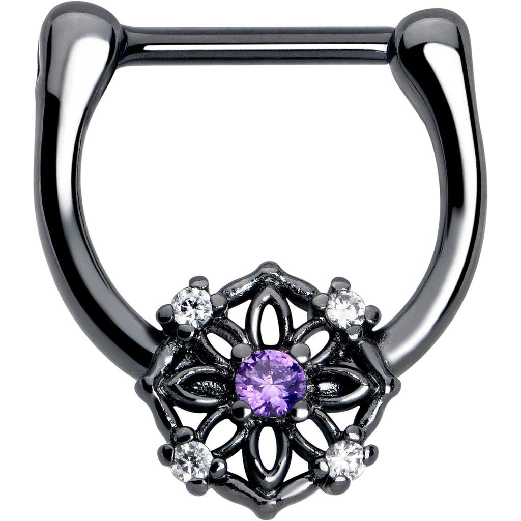 16G 5/16 Purple Clear CZ Gem Black Flower Ring Cartilage Clicker
