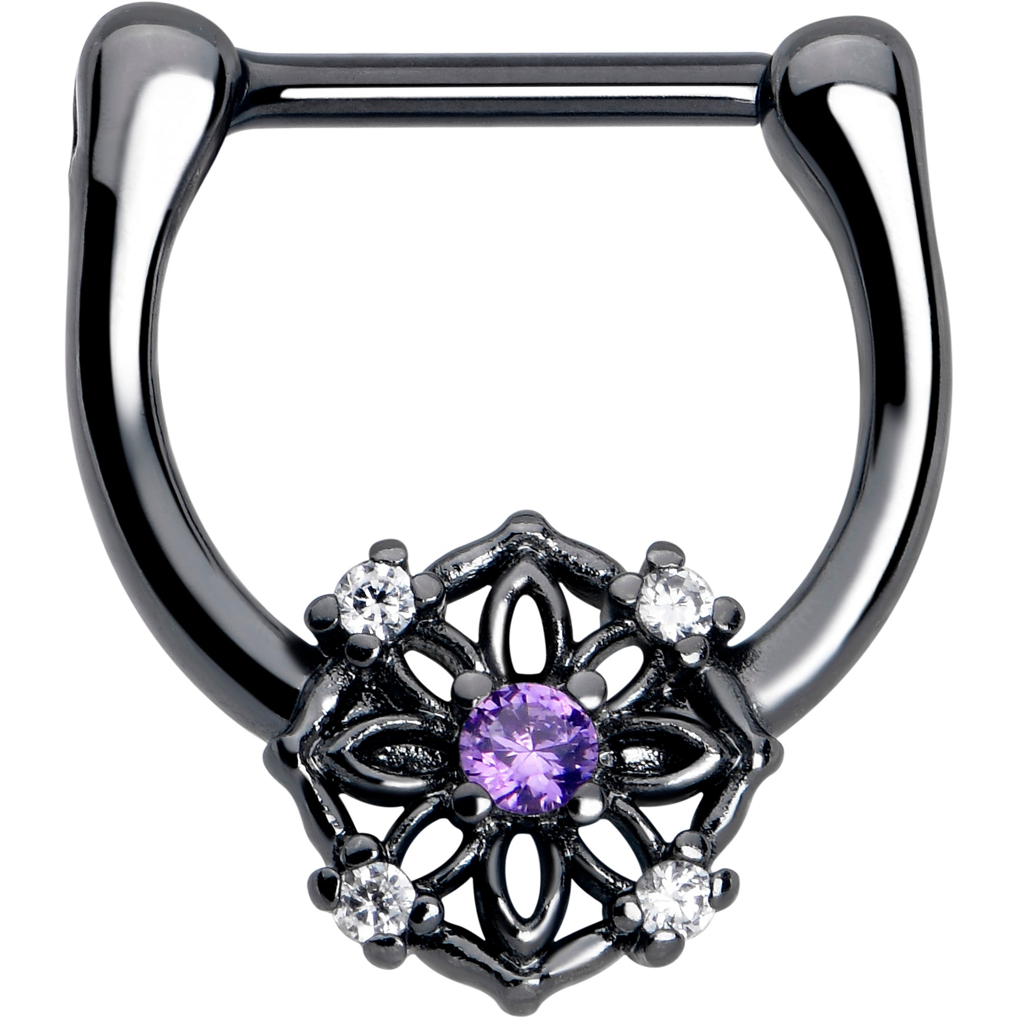 16G 5/16 Purple Clear CZ Gem Black Flower Ring Cartilage Clicker