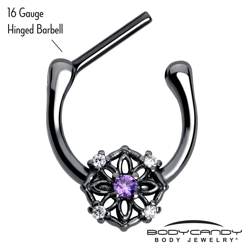 16G 5/16 Purple Clear CZ Gem Black Flower Ring Cartilage Clicker